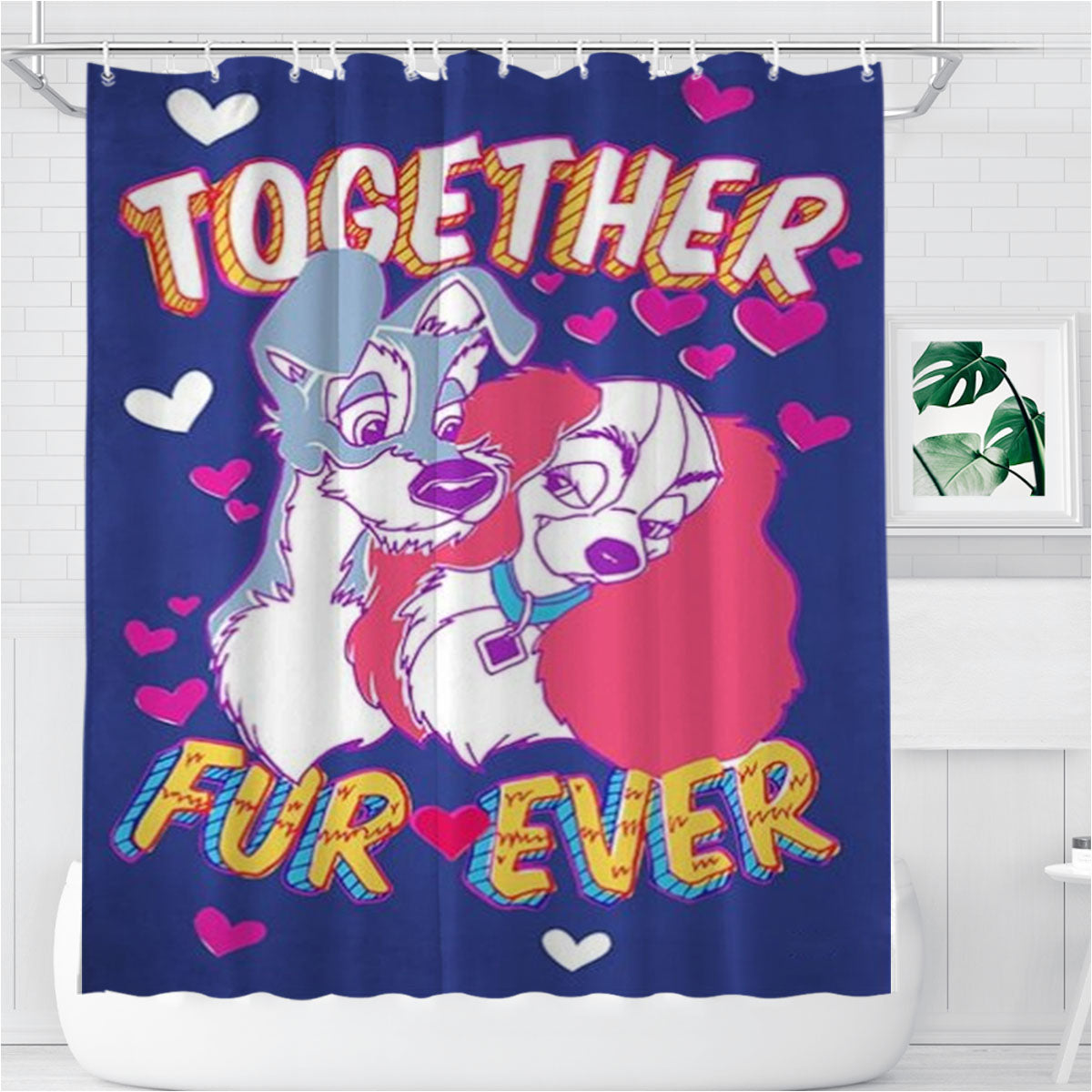 Together Furever Lady & The Tramp Bathroom Shower Curtain Fabric Waterproof | 66 X 72 Inch
