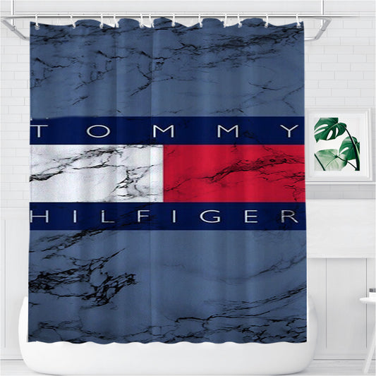 Tommy Hilfiger Marble Logo Bathroom Shower Curtain Fabric Waterproof | 66 X 72 Inch