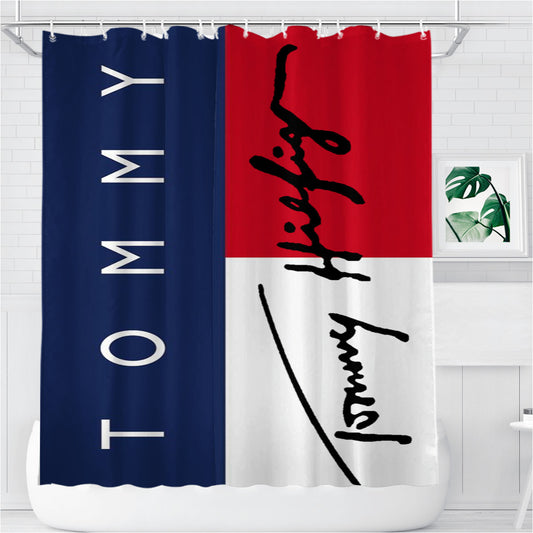 Tommy Hilfiger Signature Logo Bathroom Shower Curtain Fabric Waterproof | 66 X 72 Inch