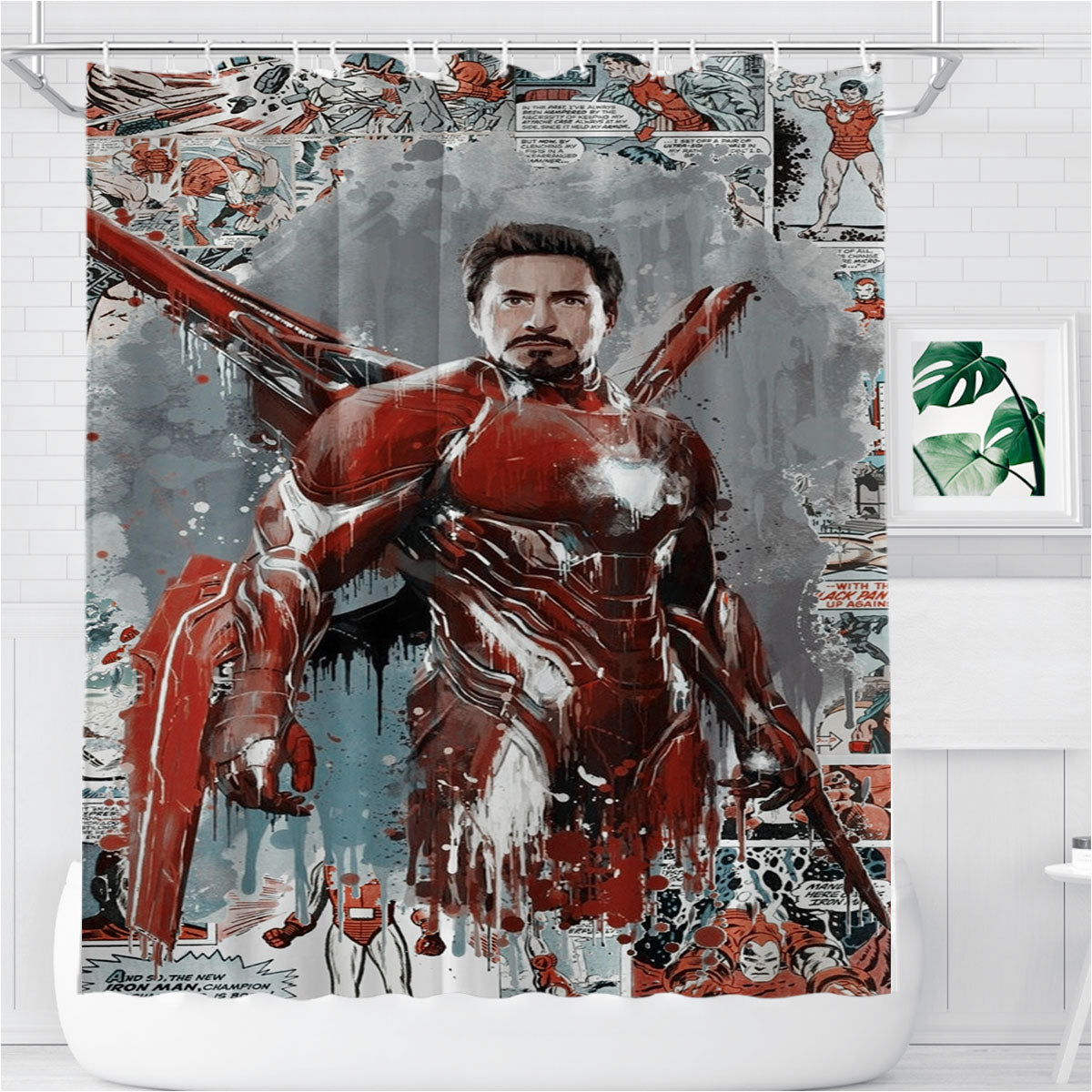 Tony Iron Man Comic Painting Artwork Wallpaper Bathroom Shower Curtain Fabric Waterproof | 66 X 72 Inch