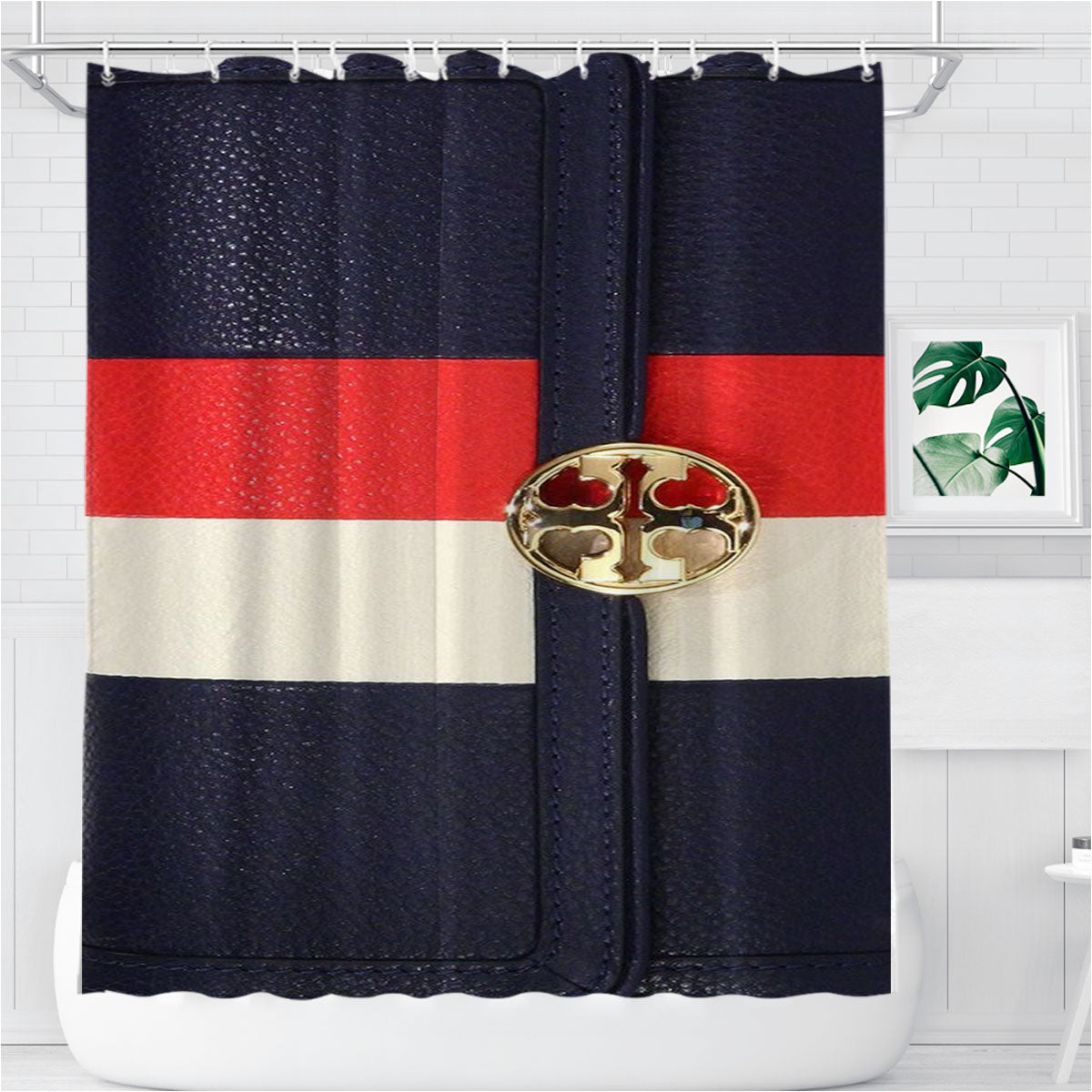 Tory Burch Blue Duet Striped Continental Envelope Wallet Bathroom Shower Curtain Fabric Waterproof | 66 X 72 Inch