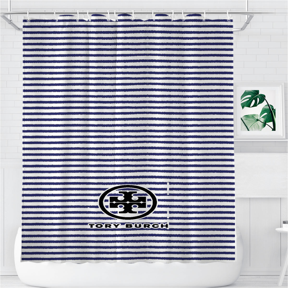 Tory Burch Blue White Wallpaper Bathroom Shower Curtain Fabric Waterproof | 66 X 72 Inch