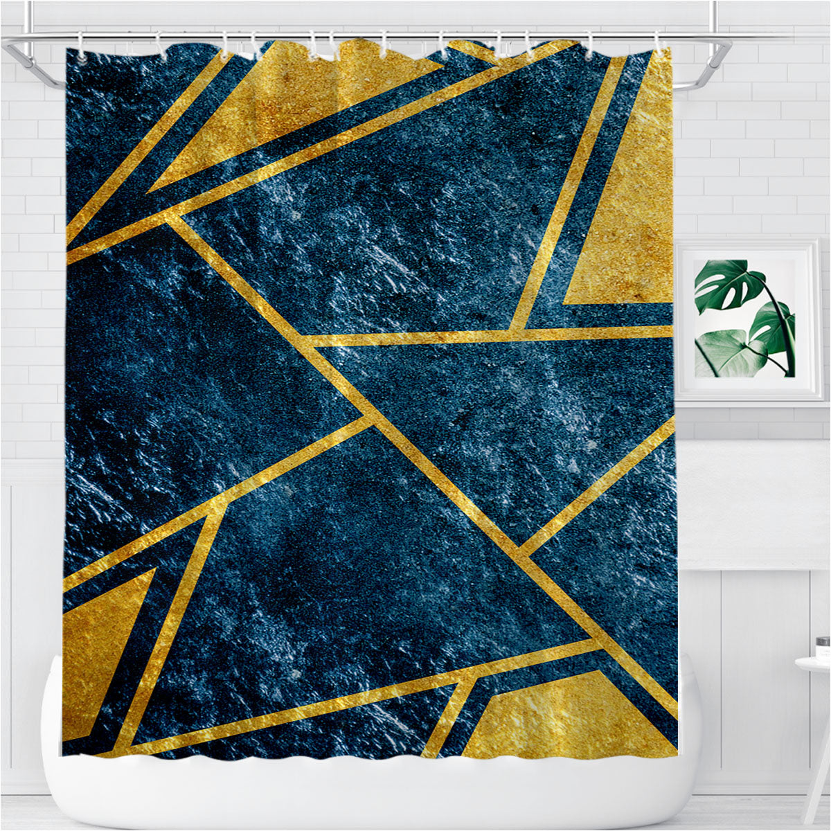 Turquoise And Gold Abstract Triangle Geometric Bathroom Shower Curtain Fabric Waterproof | 66 X 72 Inch