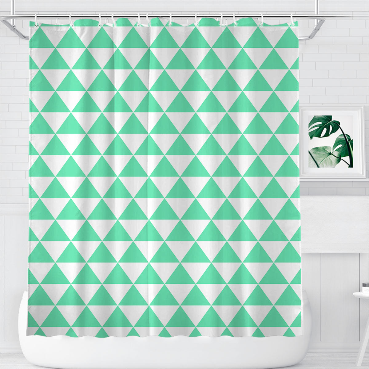 Turquoise And White Triangle Shape Pattern Geometric Art Prints Bathroom Shower Curtain Fabric Waterproof | 66 X 72 Inch