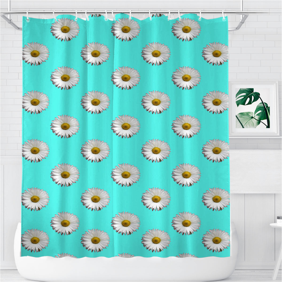 Turquoise White Daisy Flower Pattern Bathroom Shower Curtain Fabric Waterproof | 66 X 72 Inch