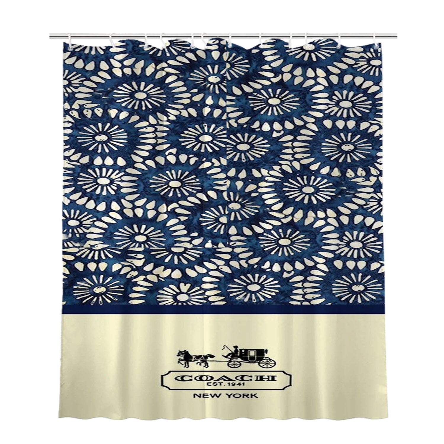 Coach New York Blue Floral Batik Bathroom Shower Curtain Fabric Waterproof | 66 X 72 Inch
