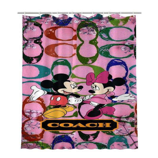Coach Pink Flower Mickey Minnie Bathroom Shower Curtain Fabric Waterproof