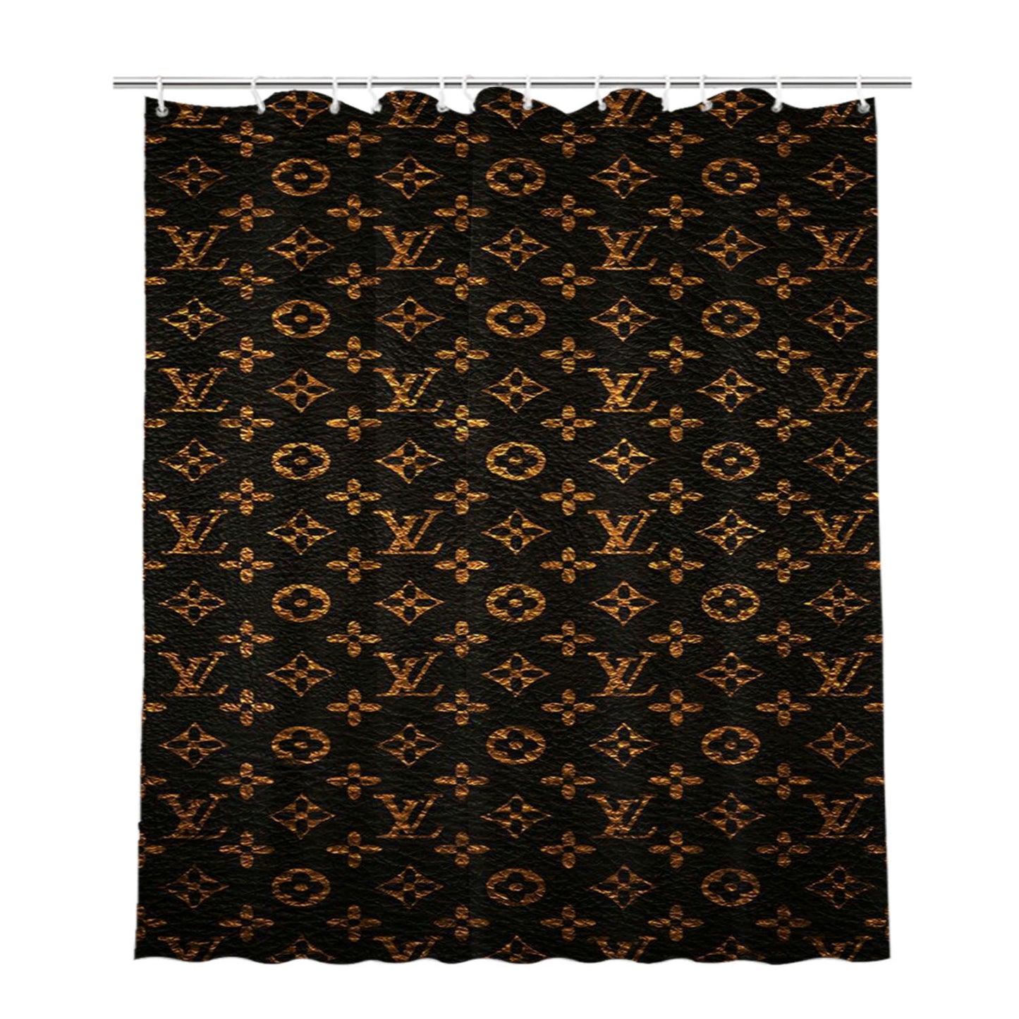 Louis Vuitton Pattern Brown Gold Bathroom Shower Curtain Fabric Waterproof | 66 X 72 Inch
