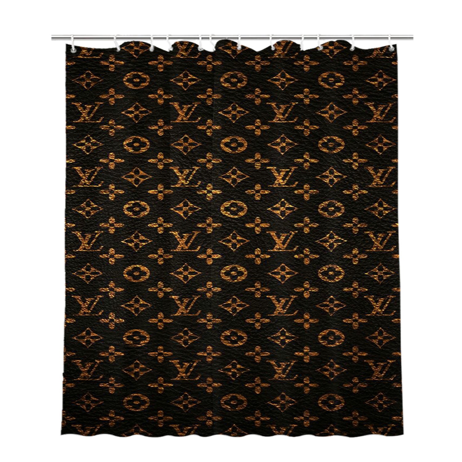 Louis Vuitton Pattern Brown Gold Bathroom Shower Curtain Fabric Waterproof | 66 X 72 Inch