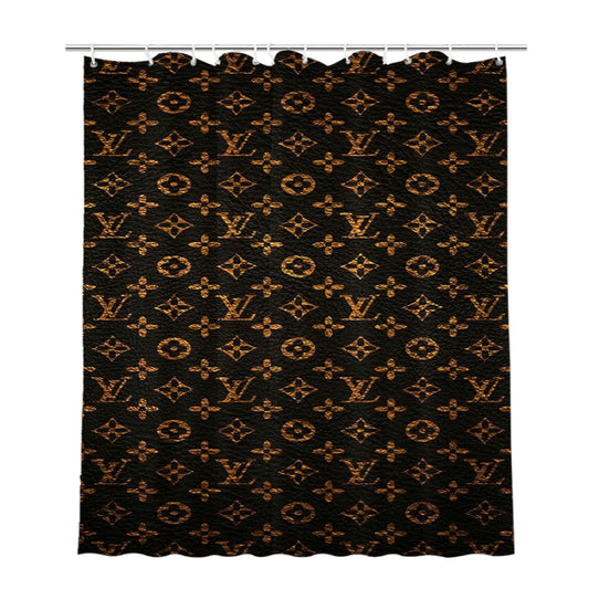 Louis Vuitton Pattern Brown Gold Bathroom Shower Curtain Fabric Waterproof