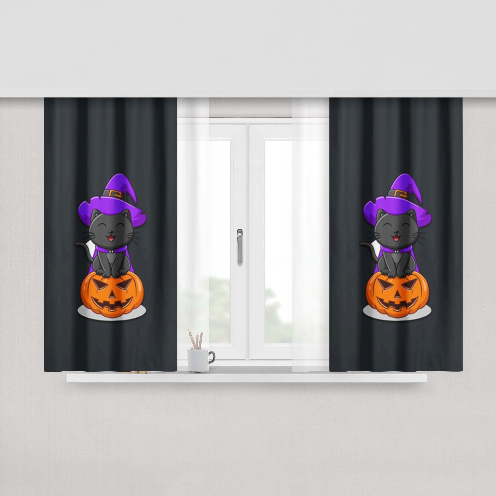 Black Cat Pumpkin Halloween Peach Skin Window Curtains