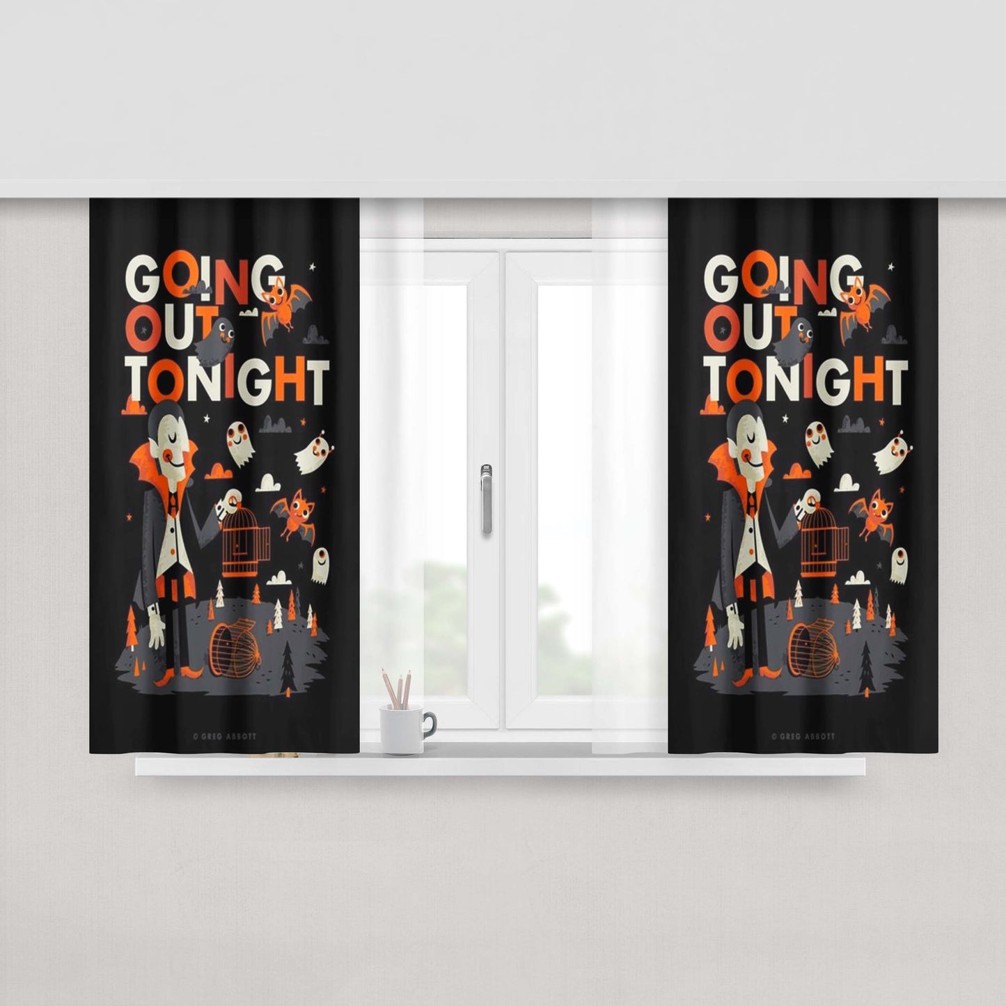 N-531 Halloween Going Out Tonight Peach Skin Window Curtains
