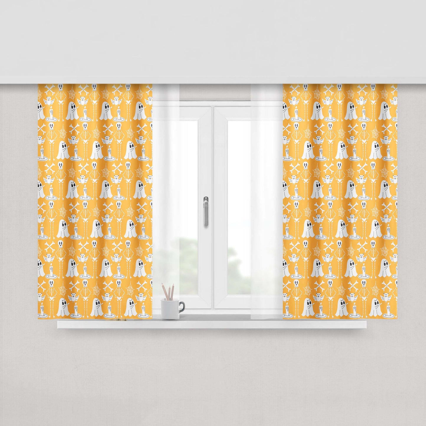 Yellow Pattern Halloween Ghost Skeleton Peach Skin Window Curtains