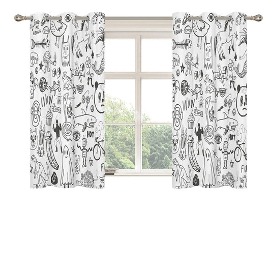 Black And White Handrawn Peach Skin Window Curtains