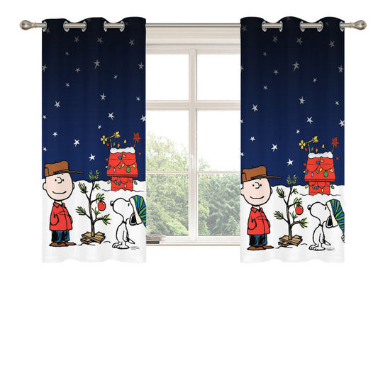 Charlie Brown And Snoopy Playing Snow Peach Skin Window Curtains
