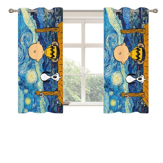 Snoopy And Charlie And Starry Night Peach Skin Window Curtains