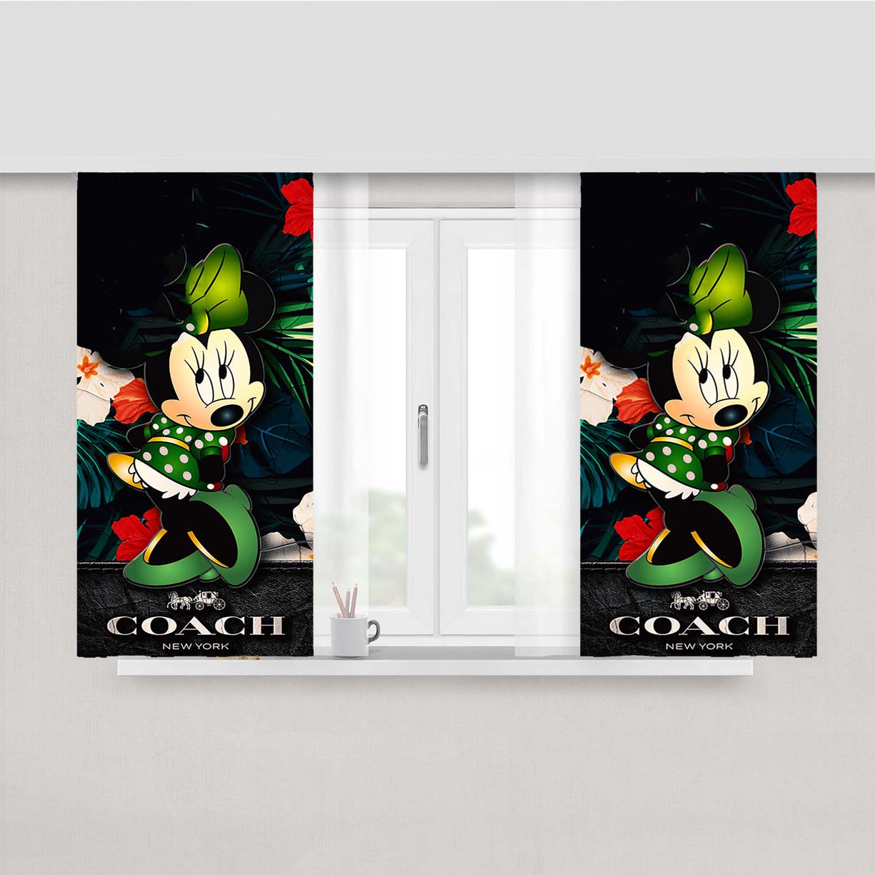 Minnie Mouse Coach Green Flowers 8 Peach Skin Window Curtains