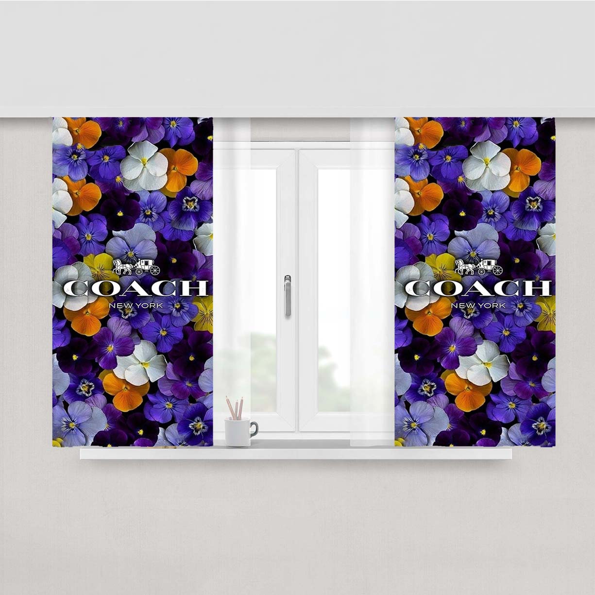Purple Flowers Coach New York Peach Skin Window Curtains